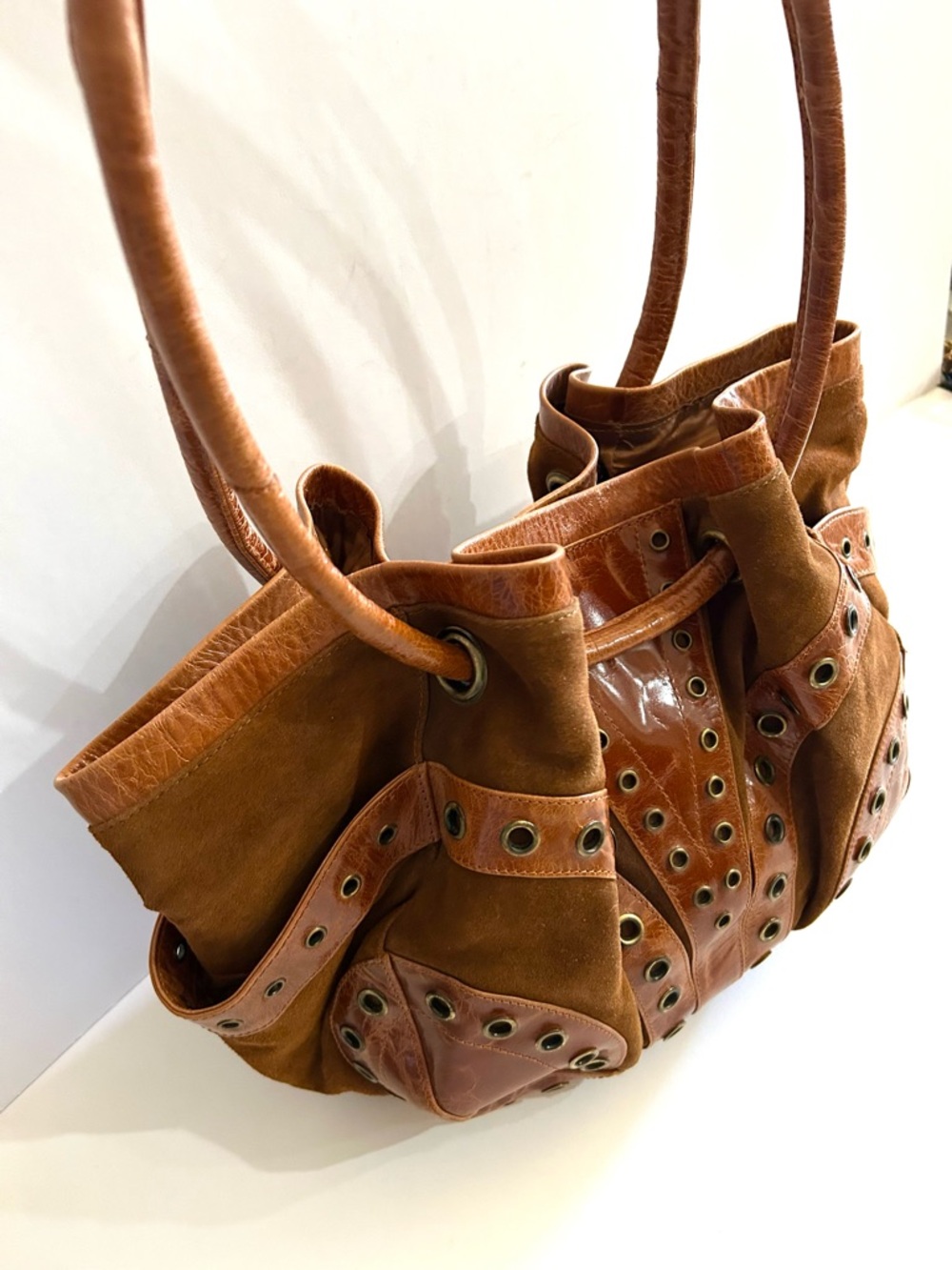 La Chic Brown Suede & Leather Shoulder Bag with Grommet Detail - Picture 2 of 10